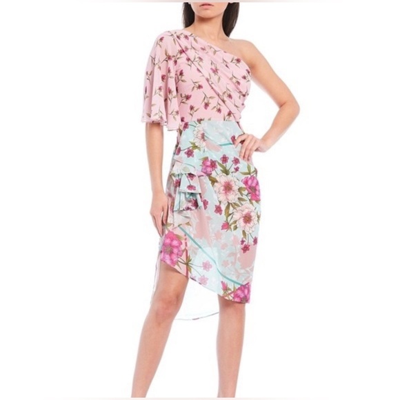 Badgley Mischka “Opal Belle” One-Shoulder Floral Dress – Size 4 - Picture 1 of 10